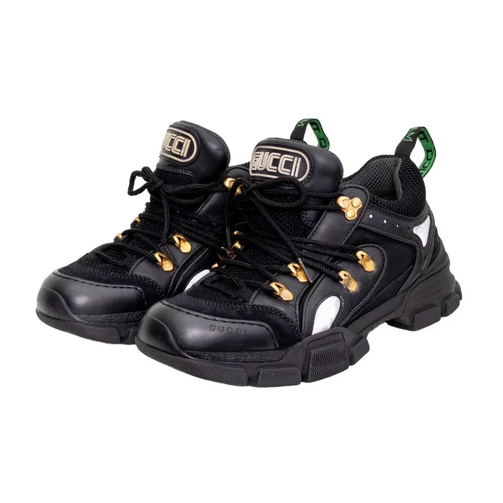 Gucci Flashtrek Chunky Sneakers Black Gold Mesh Leather Low Top Shoes (8.5 US)